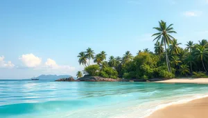 Tropical beach paradise with palm trees and turquoise water.