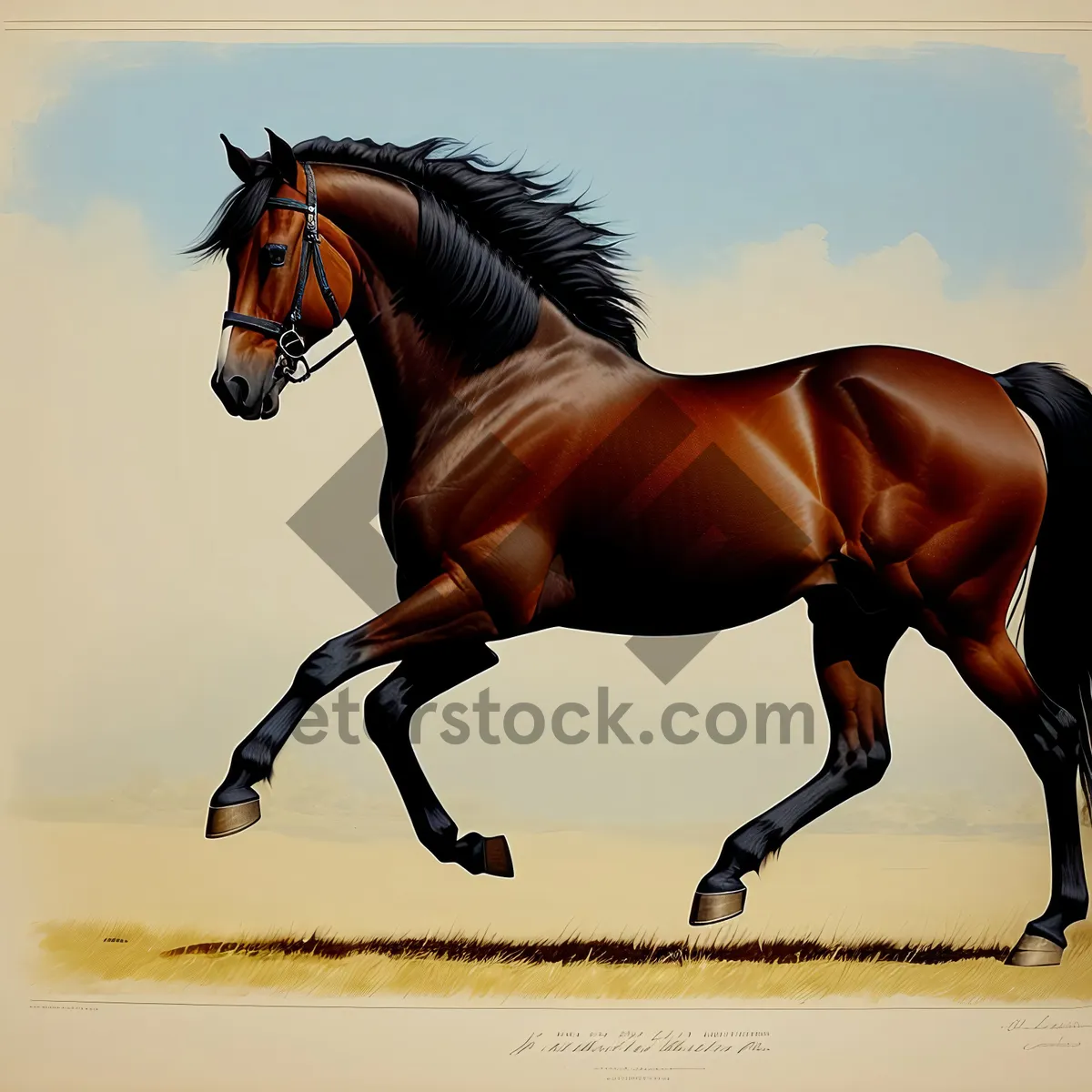 Picture of Brown Thoroughbred Stallion Running Through Meadow