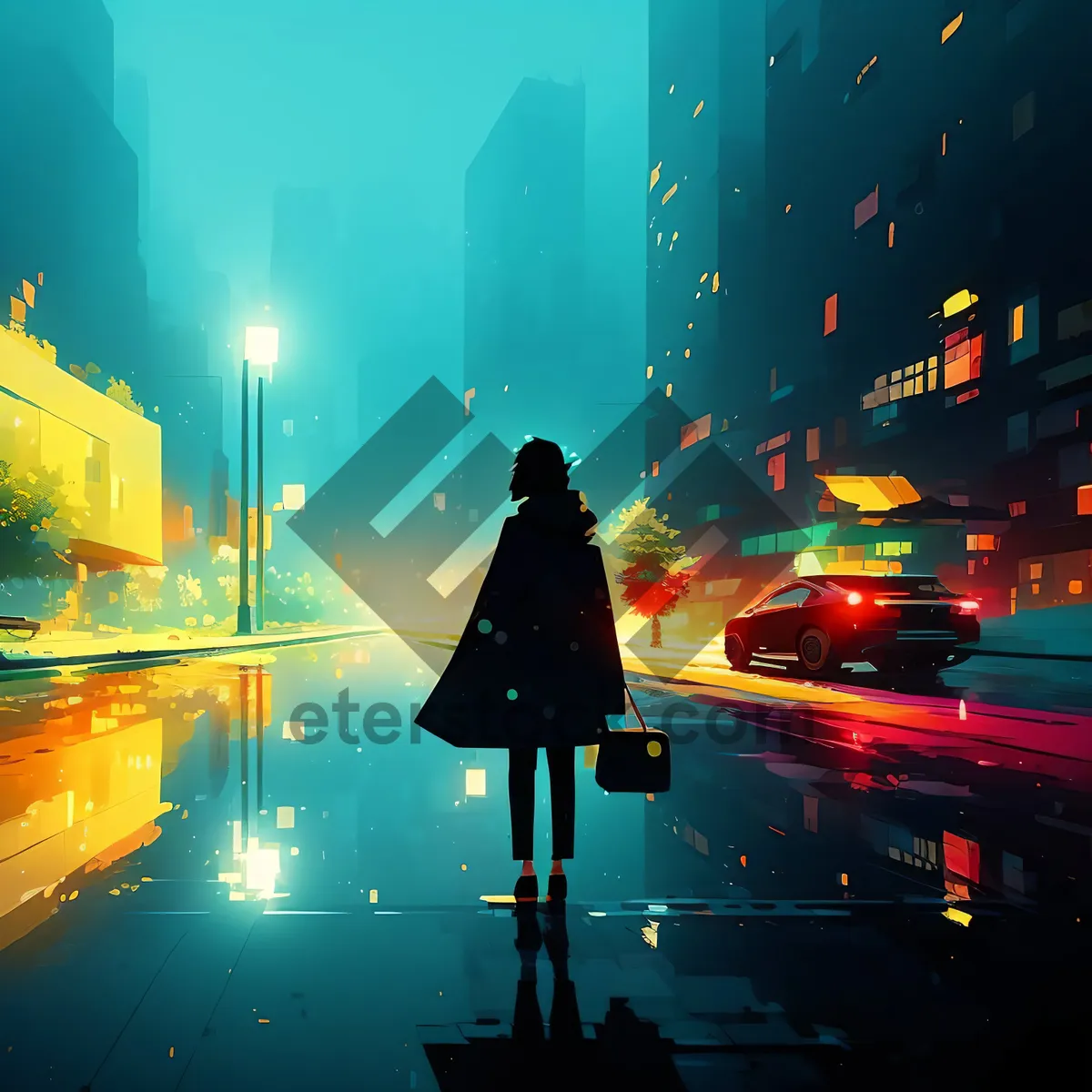 Picture of Nighttime Cityscape with Vibrant Lights and Cheering Audience