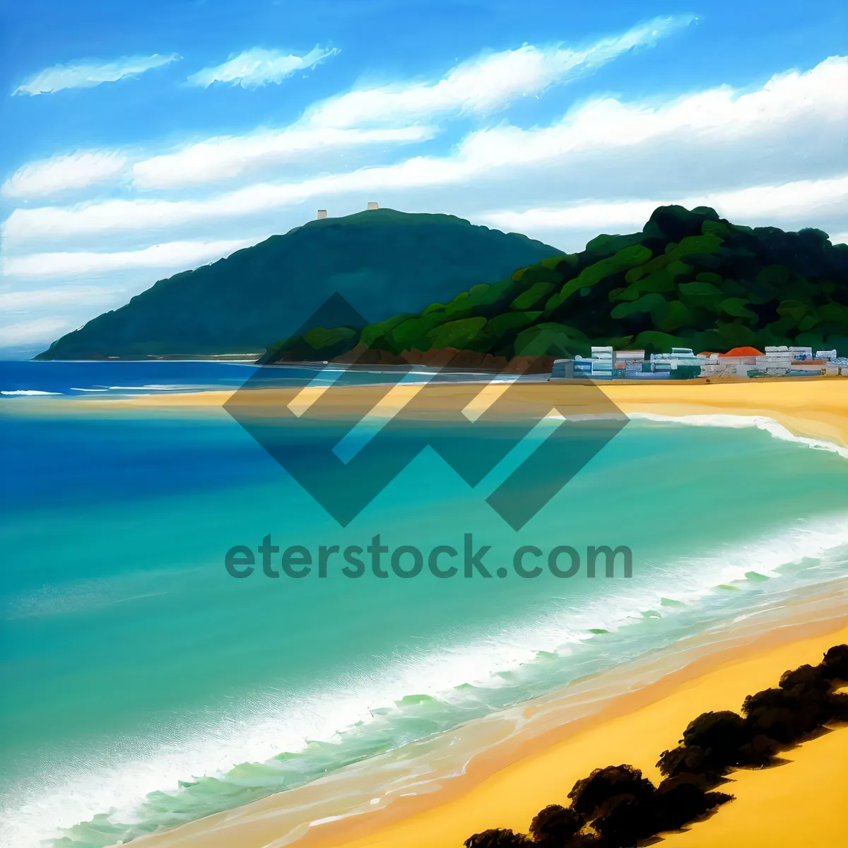 Picture of Tropical beach sunset with mountains in distance.