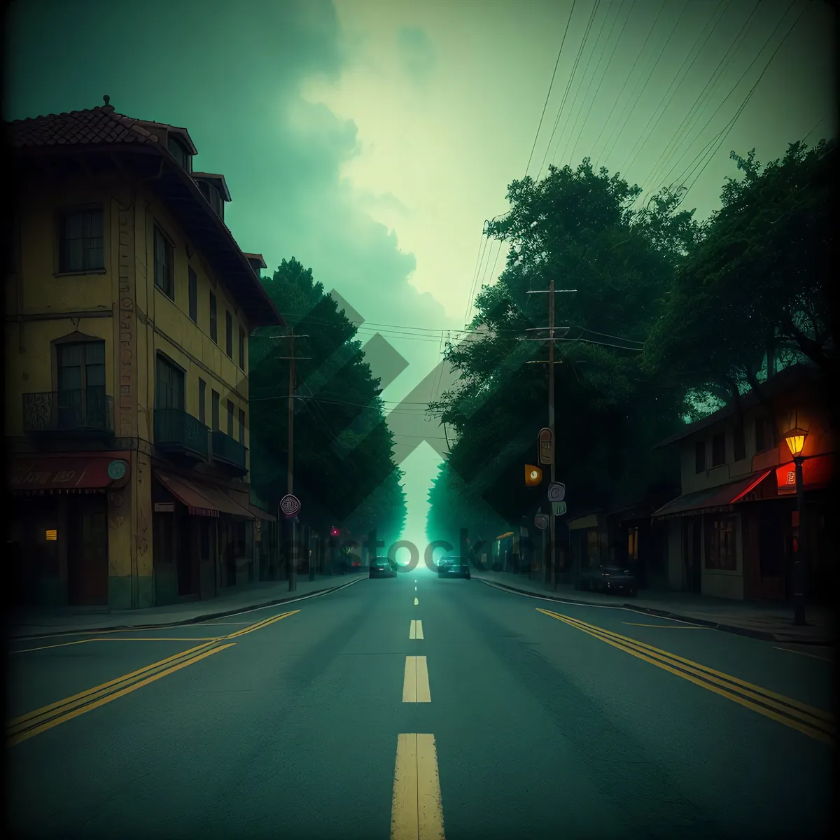 Picture of Nighttime Urban Street Scene with Tramway and Traffic