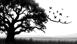 Silhouette of oak tree against serene sky landscape.