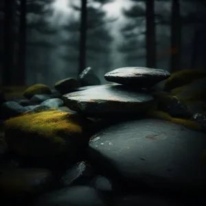 Rock and mussel on pebble beach shore