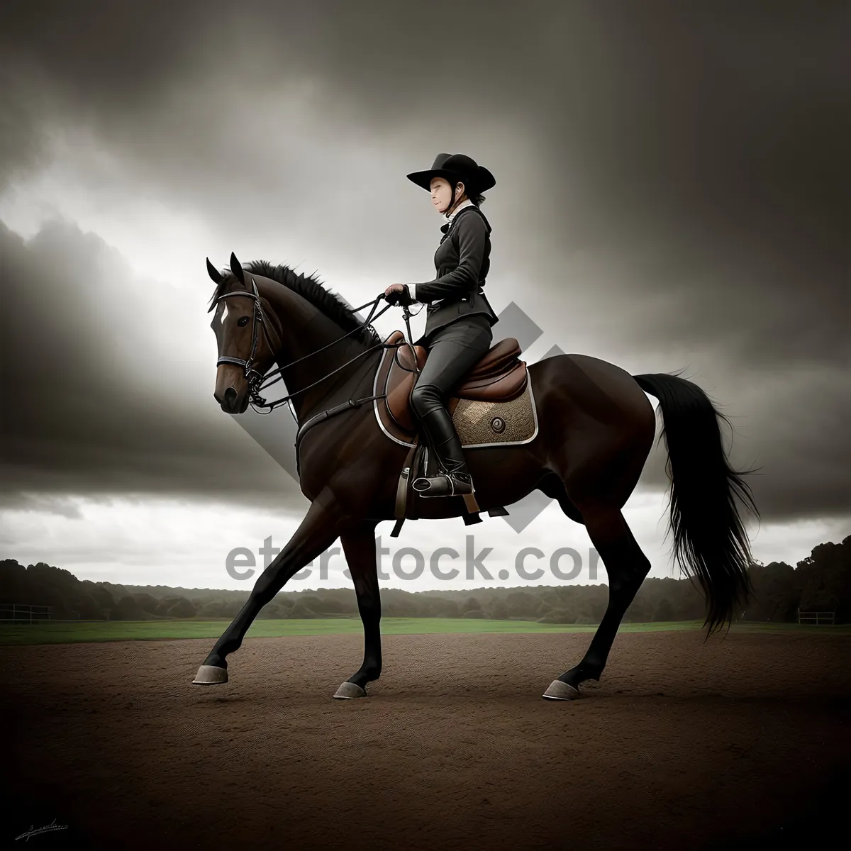 Picture of Dynamic Horseback Riding with Cowboy on Stallion - Equestrian Sport