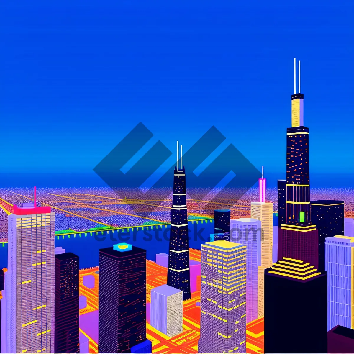 Picture of Modern City Skyline at Night with Tall Skyscrapers