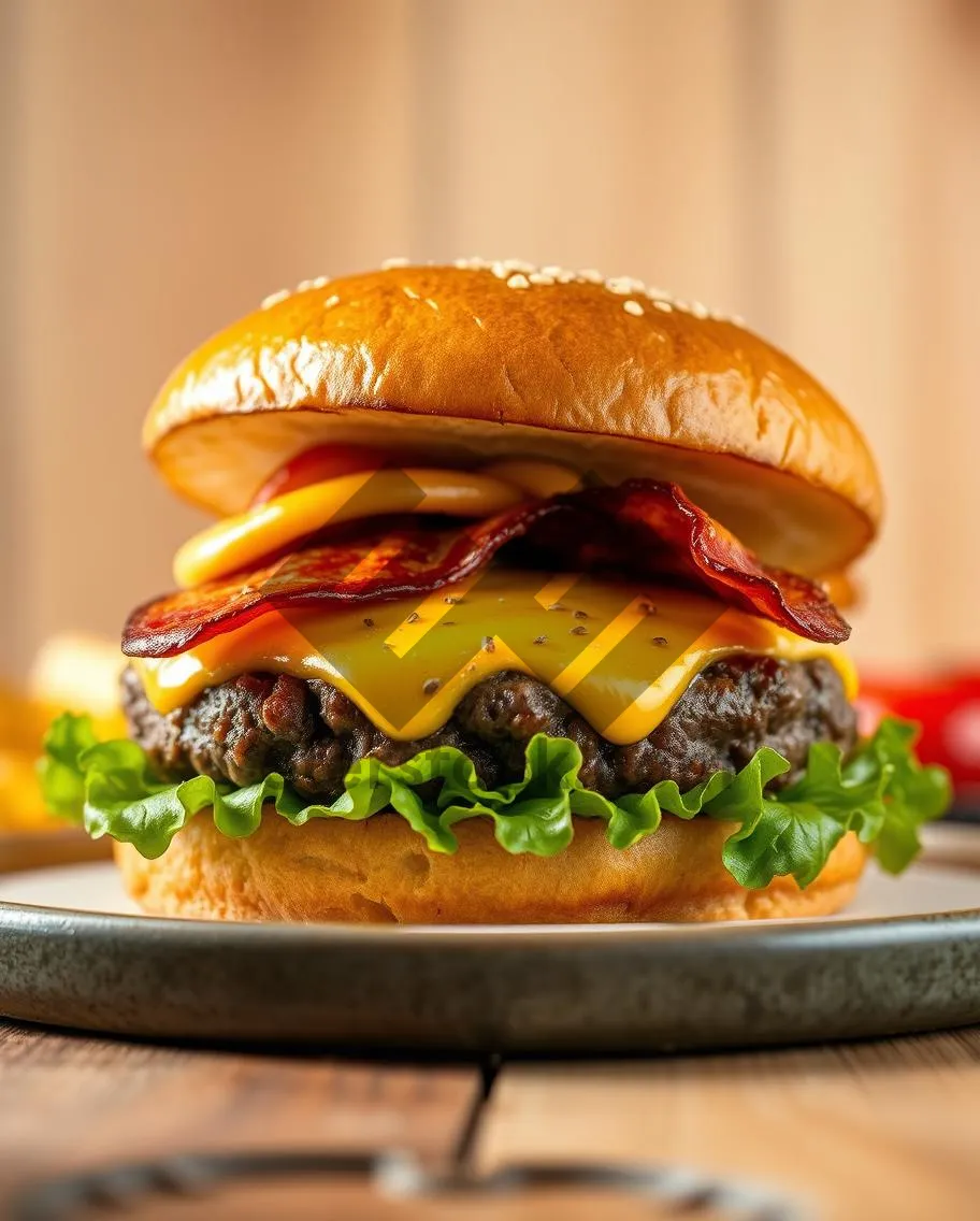 Picture of Gourmet Cheeseburger with Sesame Seed Bun and Lettuce