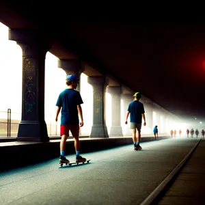 Racket-wielding Man Competing on Skateboard Deck