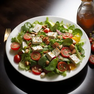 Delicious gourmet salad with fresh vegetables and cheese