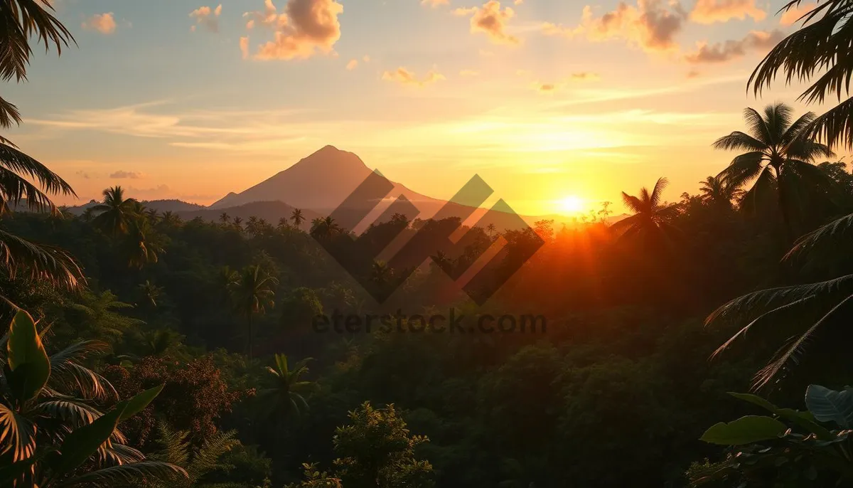 Picture of Orange sunset over mountain landscape silhouette.