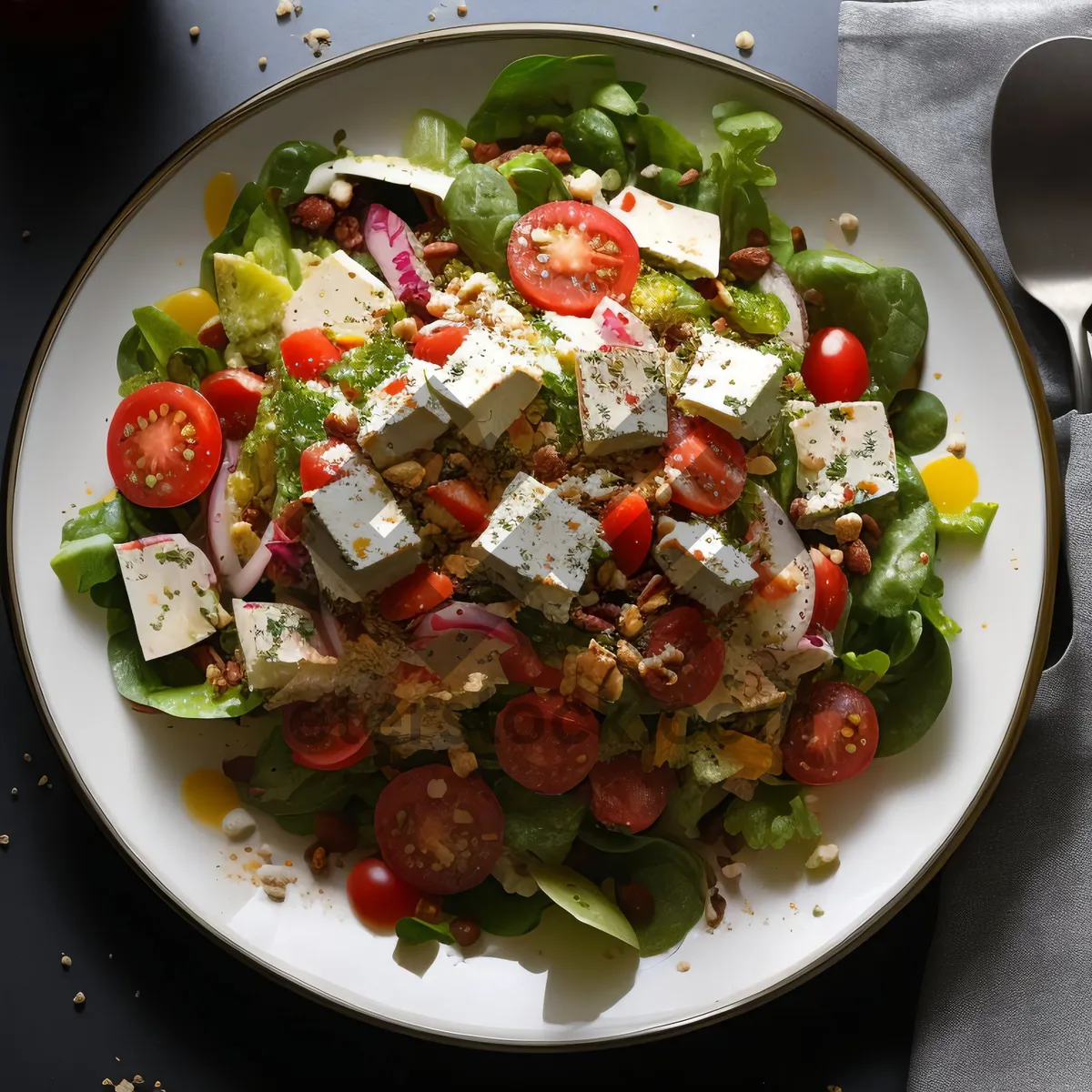 Picture of Healthy Vegetable Salad with Cheese and Olive Dressing