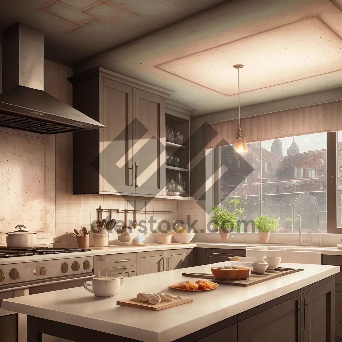 Picture of Сhic kitchen interior featuring trendy furniture, ample lighting, and fashionable accessories