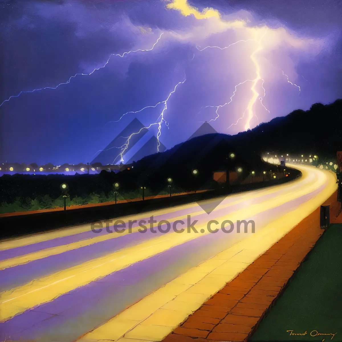 Picture of Nighttime Expressway with City Lights and Cloudy Sky