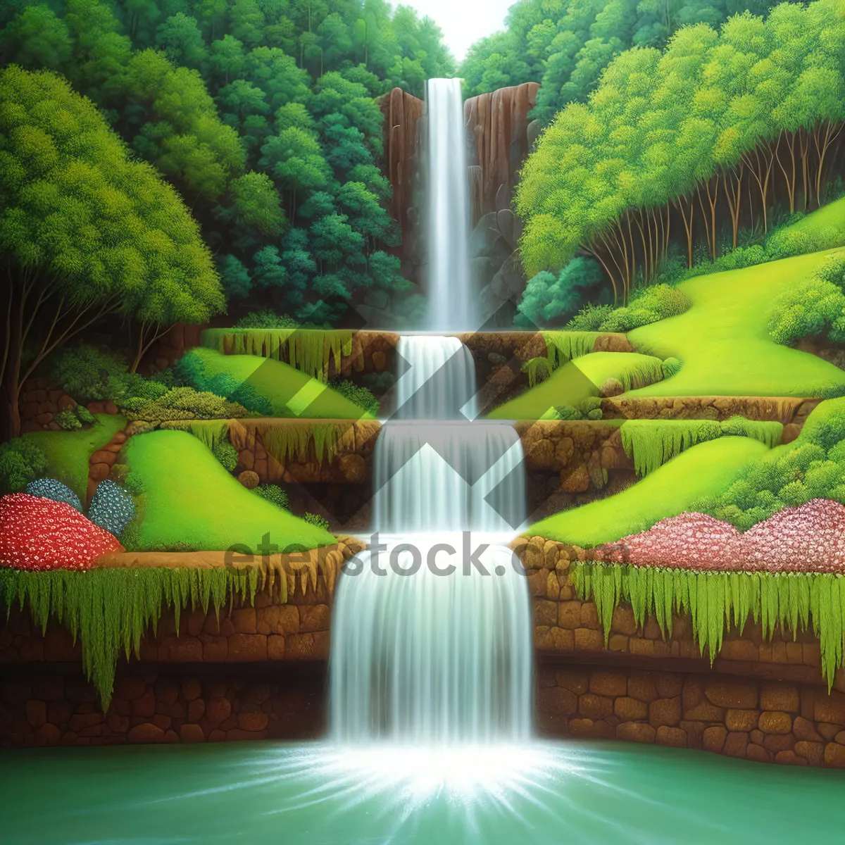 Picture of Serene Waterfall Amidst Lush Park Landscape