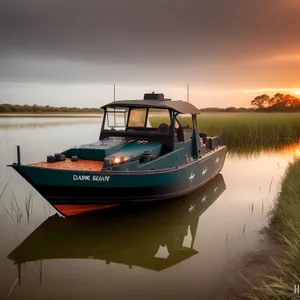 Seascape Sunrise at Port: Serene Waters and Fishing Boats