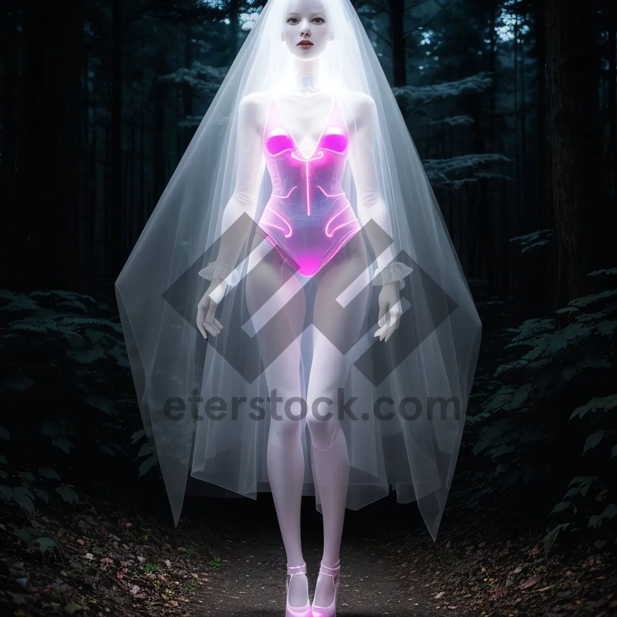Picture of Bride in wedding dress with umbrella in canvas tent.