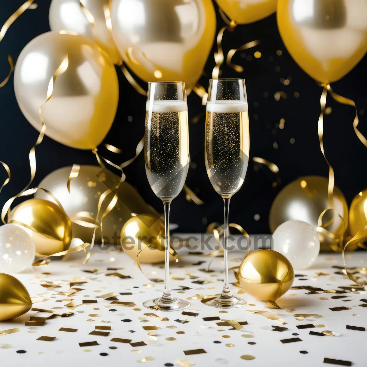 Picture of Champagne glasses on festive table setting for New Year's party