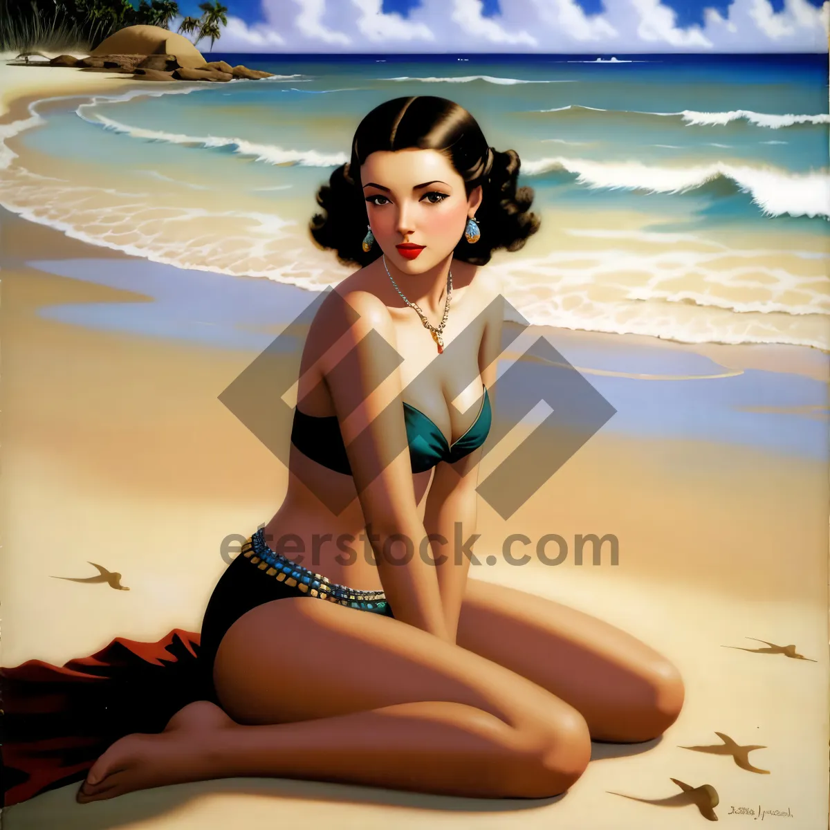 Picture of Fashion model in swimsuit poses on the beach.