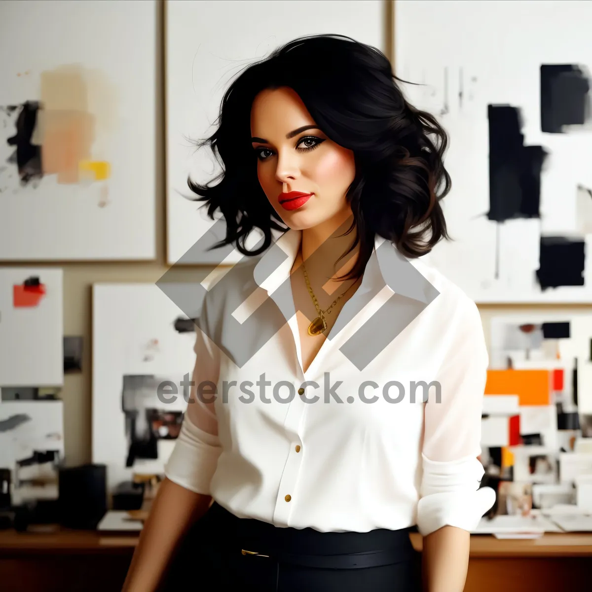 Picture of Happy brunette businesswoman portrait in corporate office setting