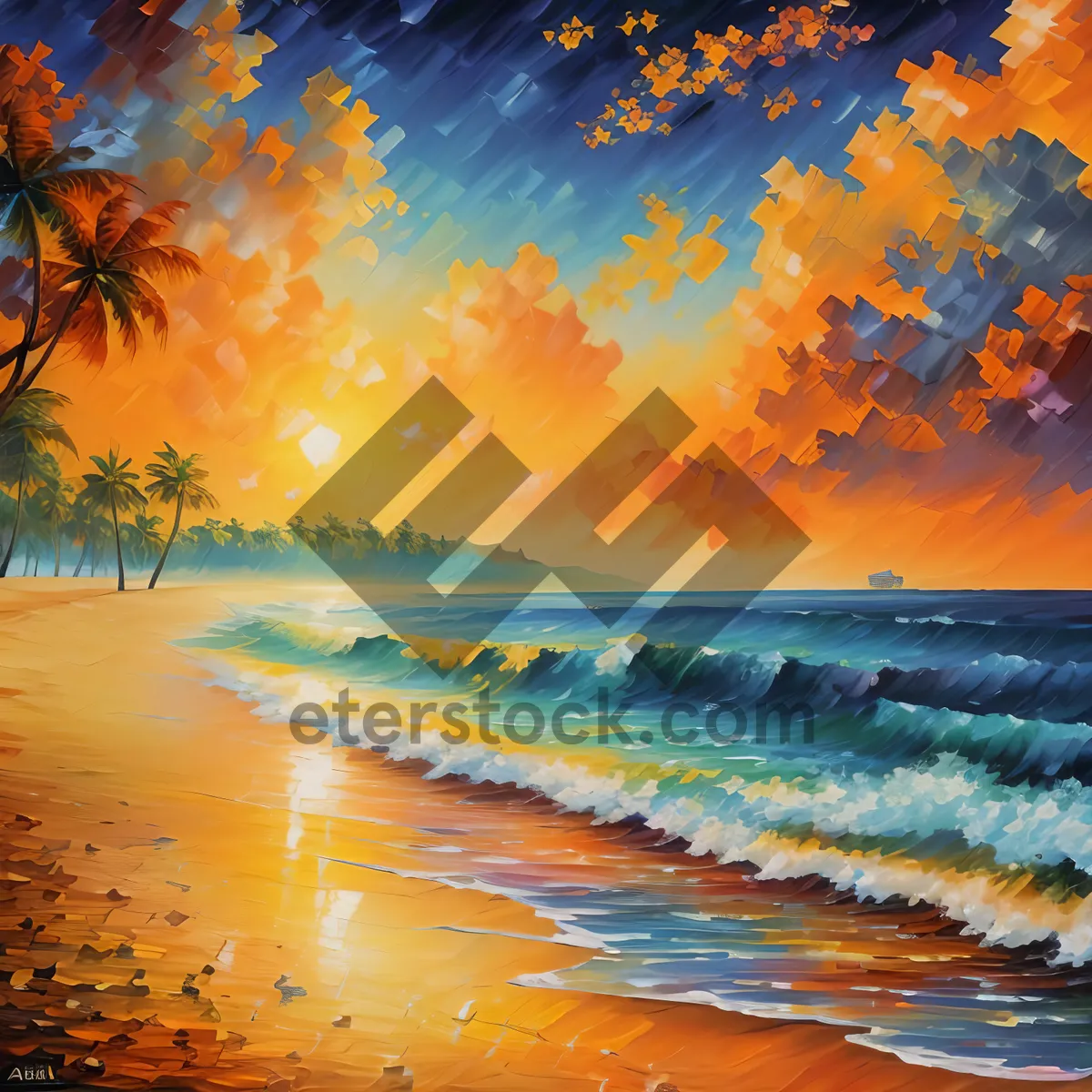 Picture of Golden Horizon: Sun setting over tropical beach bliss