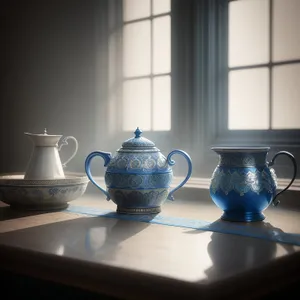 Traditional porcelain teapot and cup for morning tea.