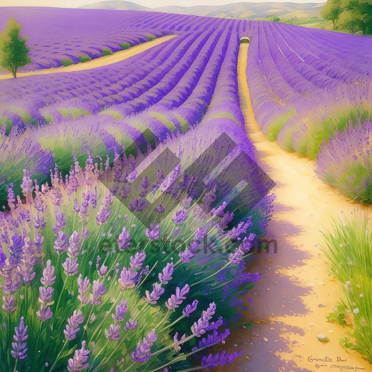 Picture of Lavender Field Blooming with Purple Flowers in Countryside