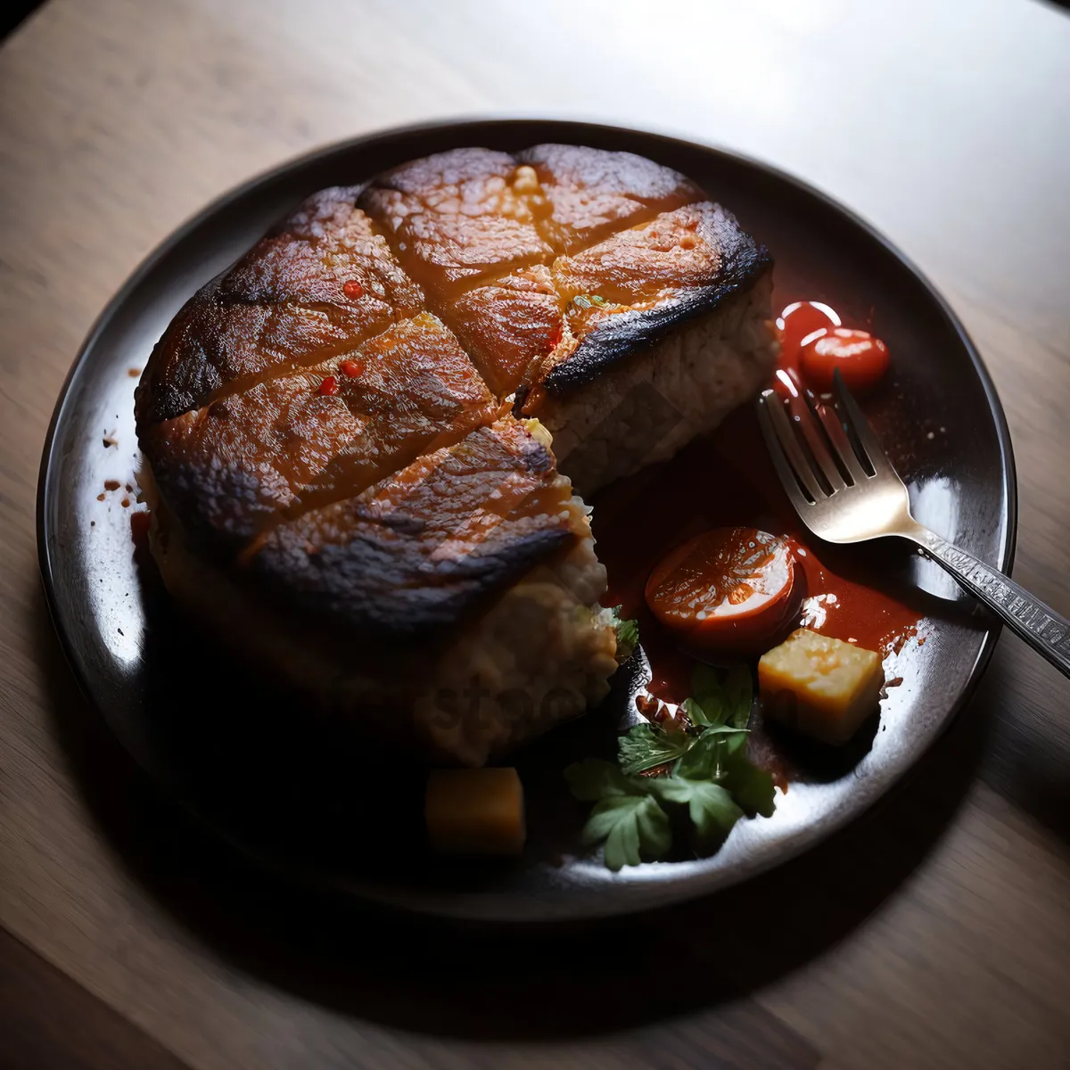 Picture of Delicious grilled steak with tomato salad and bread.