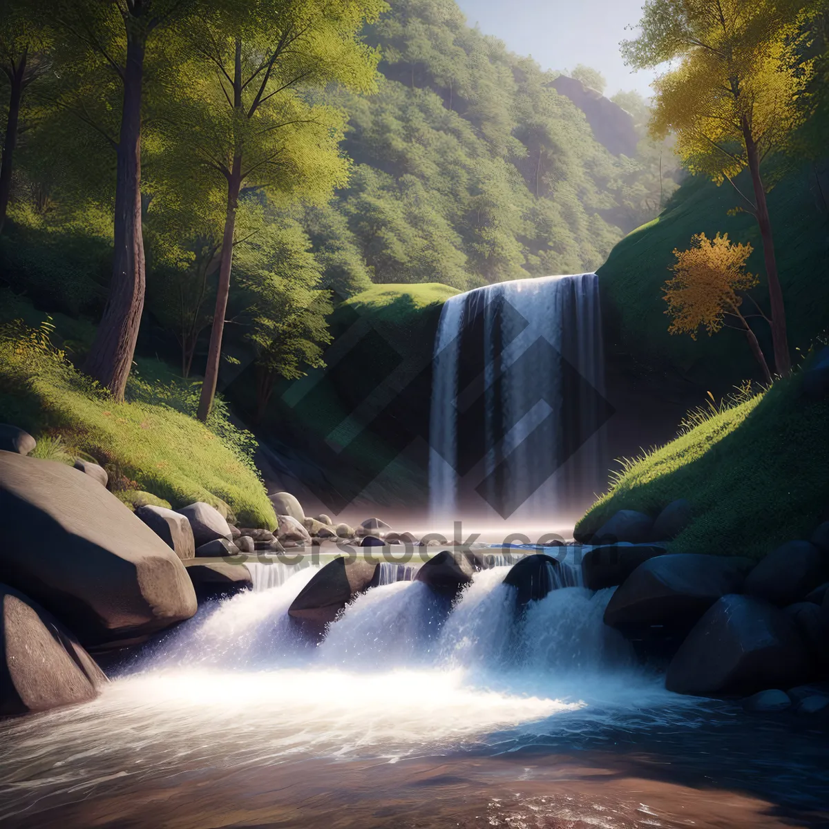 Picture of Tranquil Waterfall in Serene Forest"
"Mountain Cascade amidst Pristine Landscape"
"Gushing River Flowing through Mossy Creek"
"Wild Waterfall Cutting through Rocky Terrain"
"Scenic Waterfall in Majestic Nature Park
