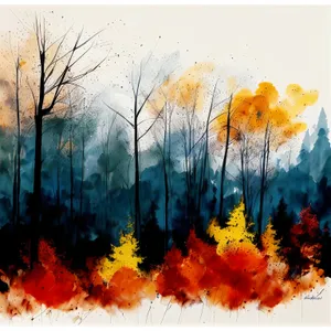 Vibrant Autumn Tree in Watercolor Forest