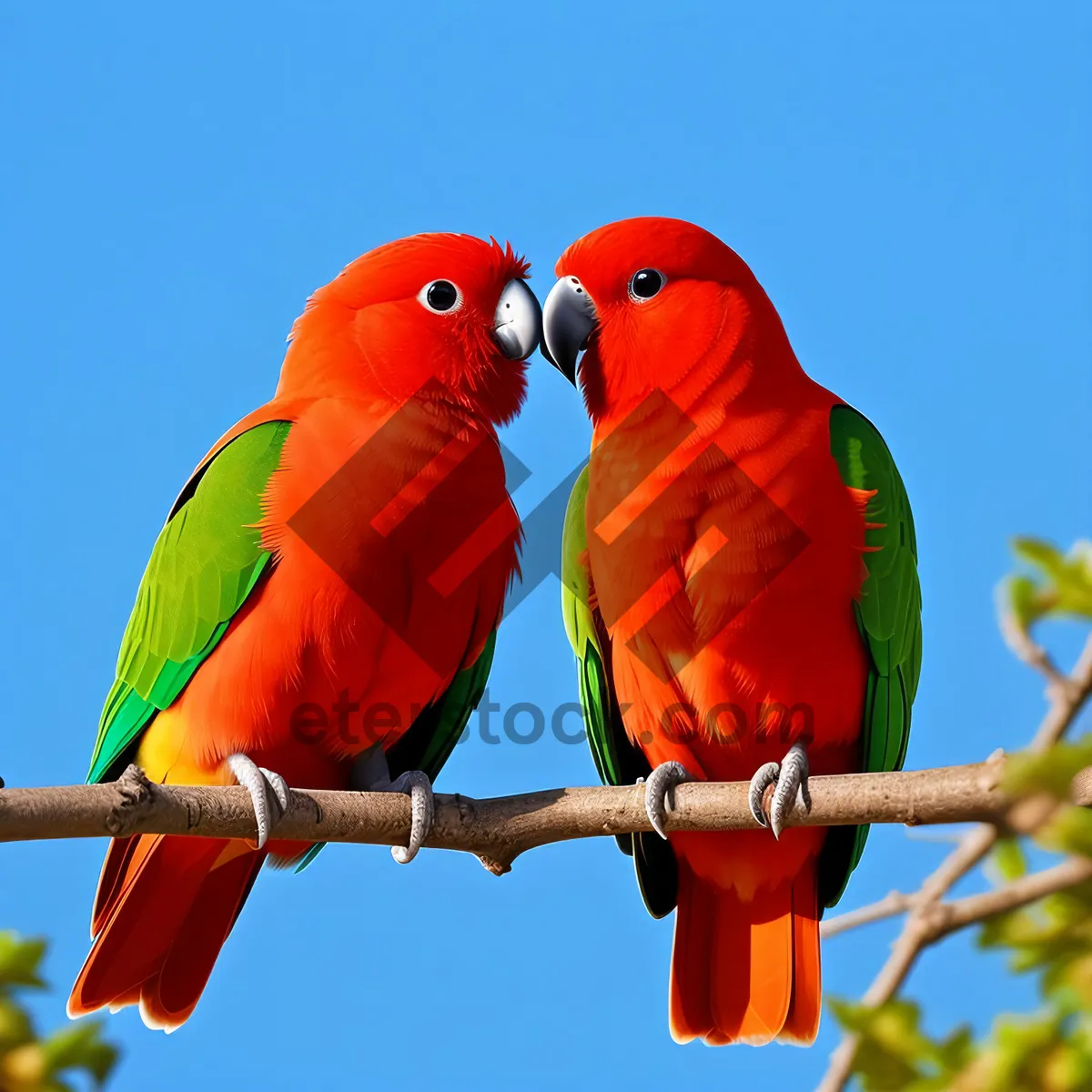 Picture of Colorful Macaw perched on branch, showcasing vibrant feathers and piercing eyes.