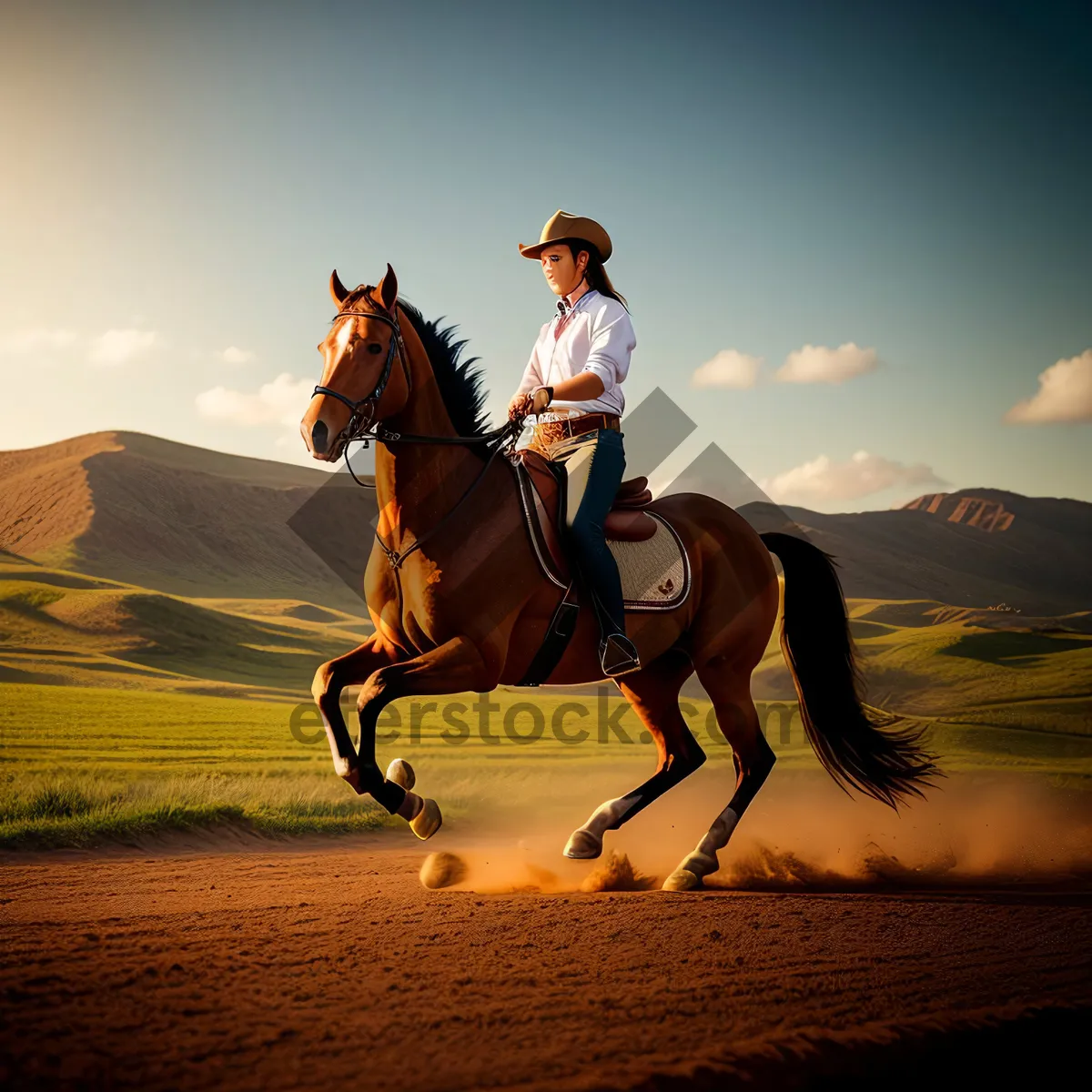 Picture of Cowboy riding stallion on ranch