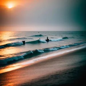 Golden Horizon: Serene Beach Sunset Over the Waves