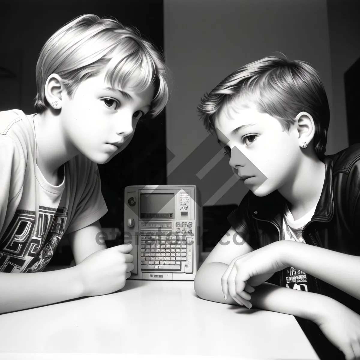 Picture of Smiling Blond Model with Laptop and Happy Sibling