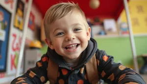 Happy boy with cute doll smiling cheerfully.