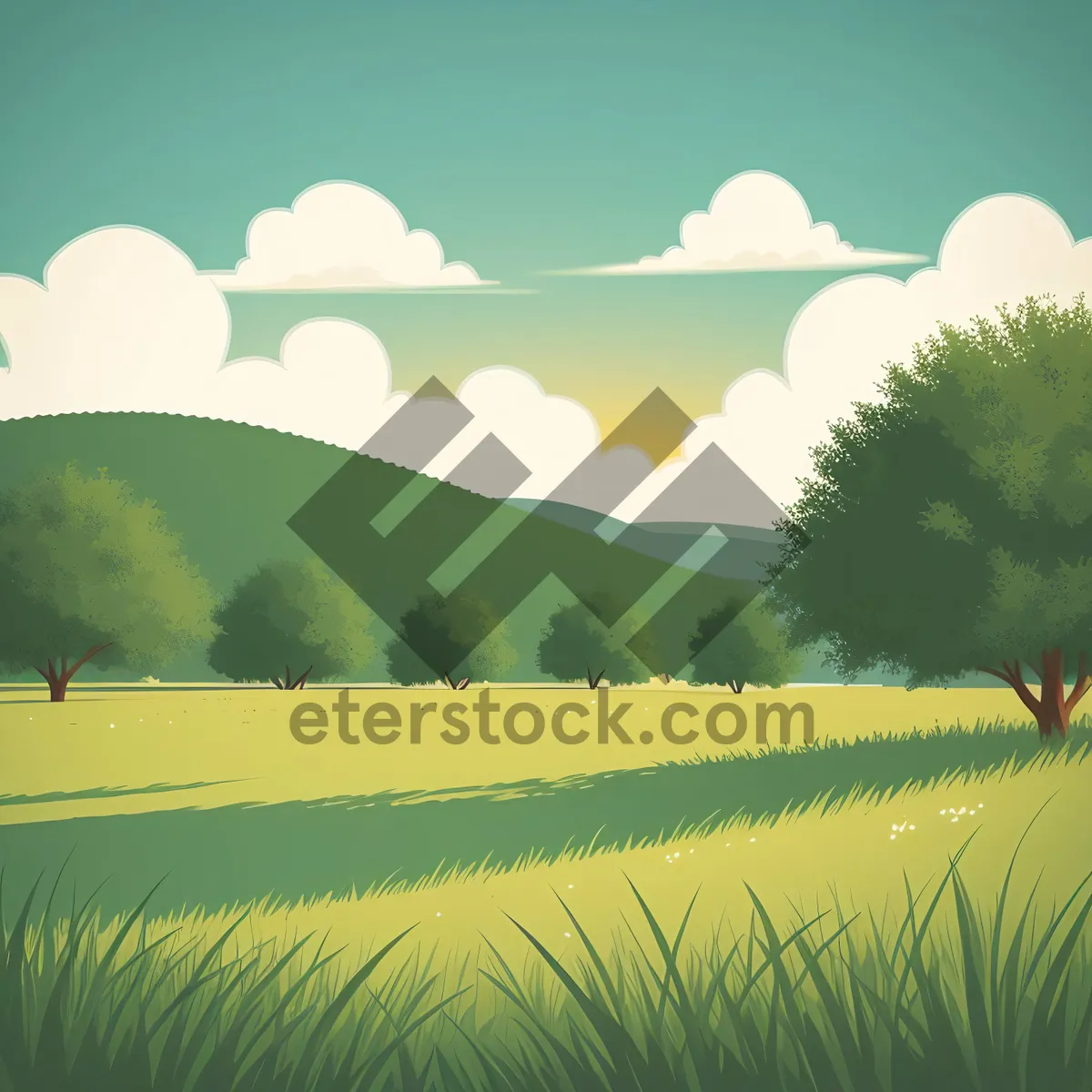 Picture of Serene countryside meadow under clear blue sky.