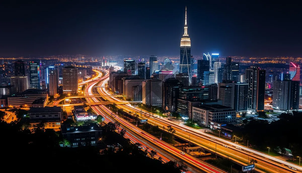 Picture of City skyline at dusk with modern buildings and river