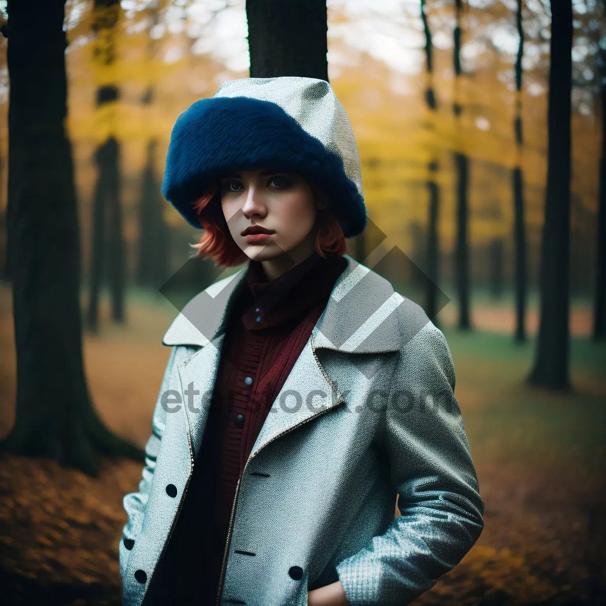 Picture of Smiling professional businesswoman in suit and hat outdoors.
