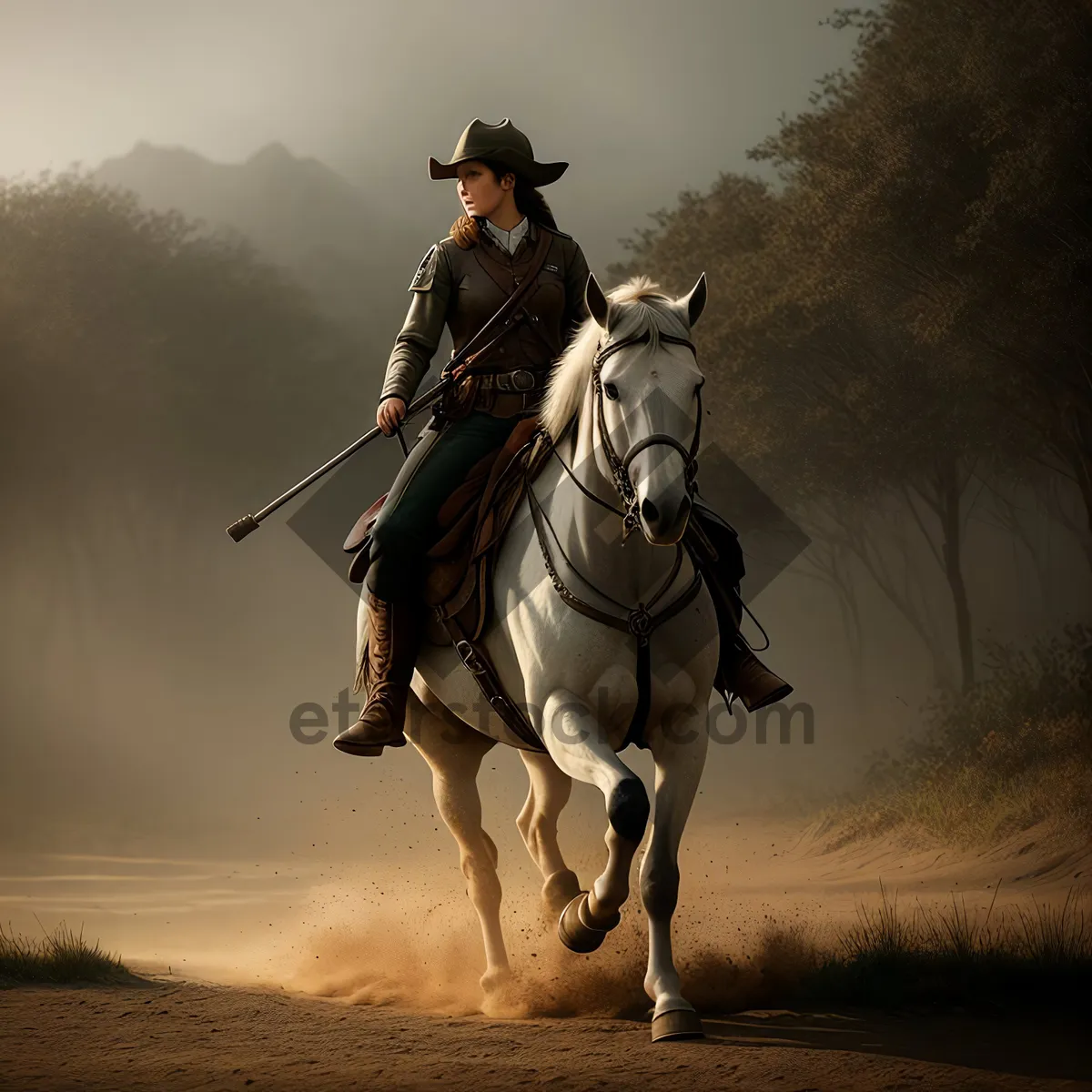 Picture of Sunset Cowboy Riding Horseback with Silhouette