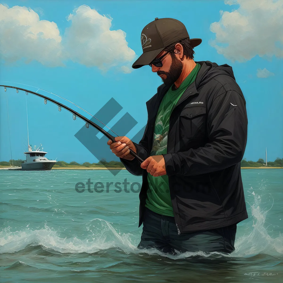 Picture of Man fishing in serene ocean waters with gear