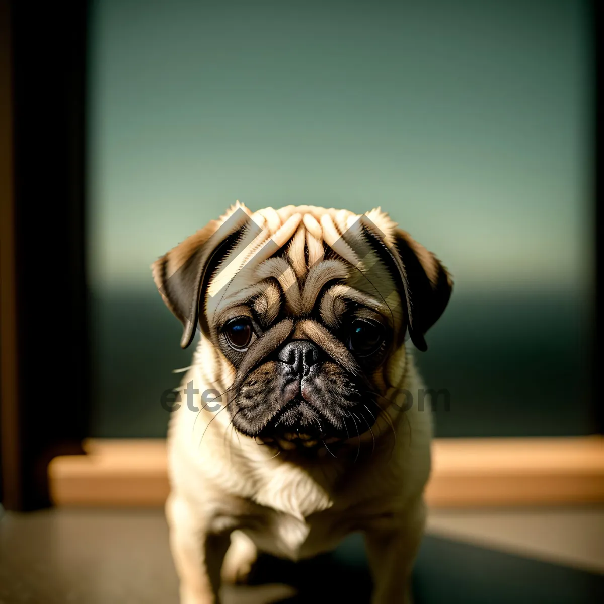 Picture of Cute Wrinkled Pug Puppy in Studio Portrait