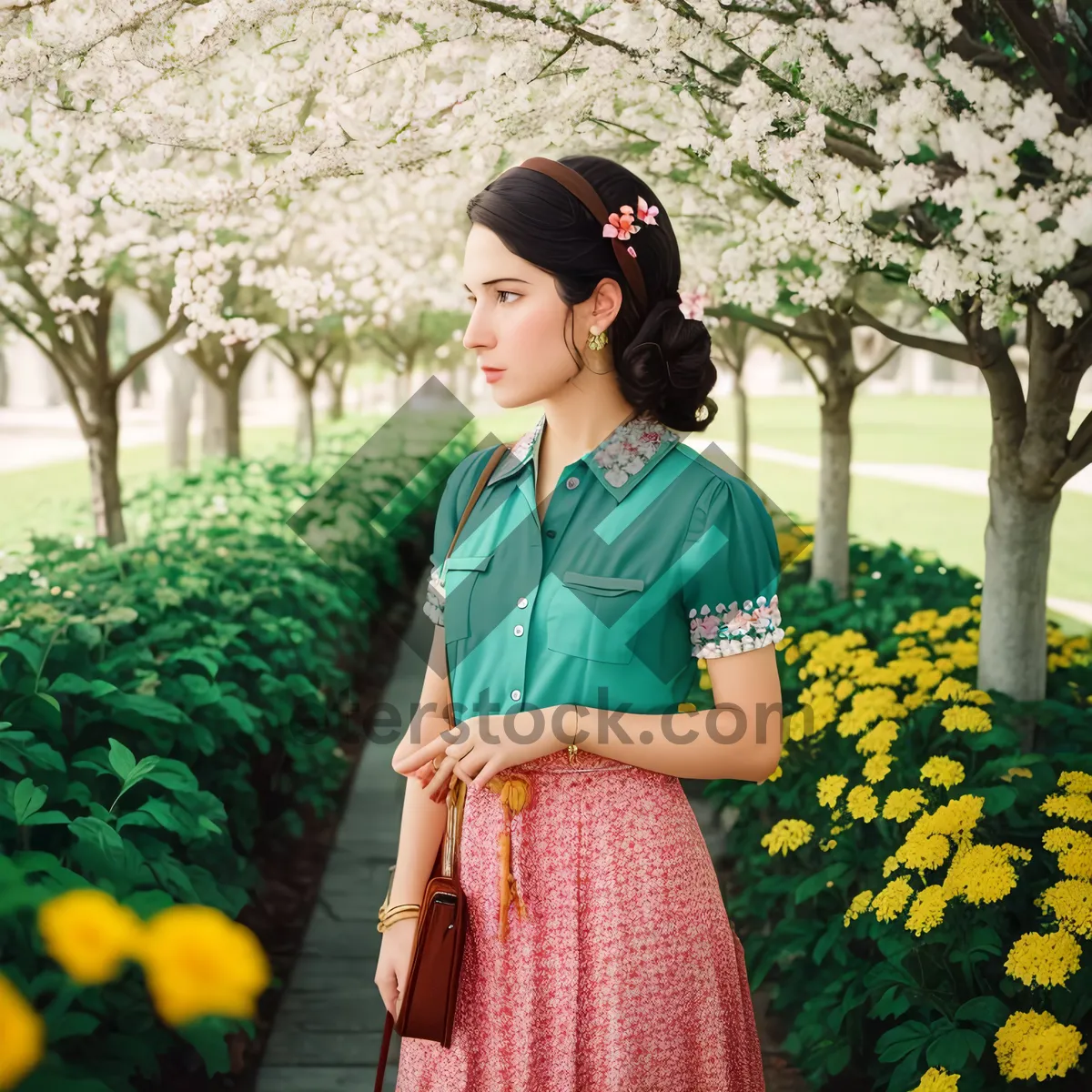 Picture of Joyful women in summer garden, wearing aprons