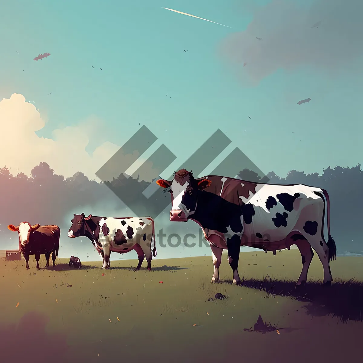 Picture of Serene countryside with grazing horses and livestock