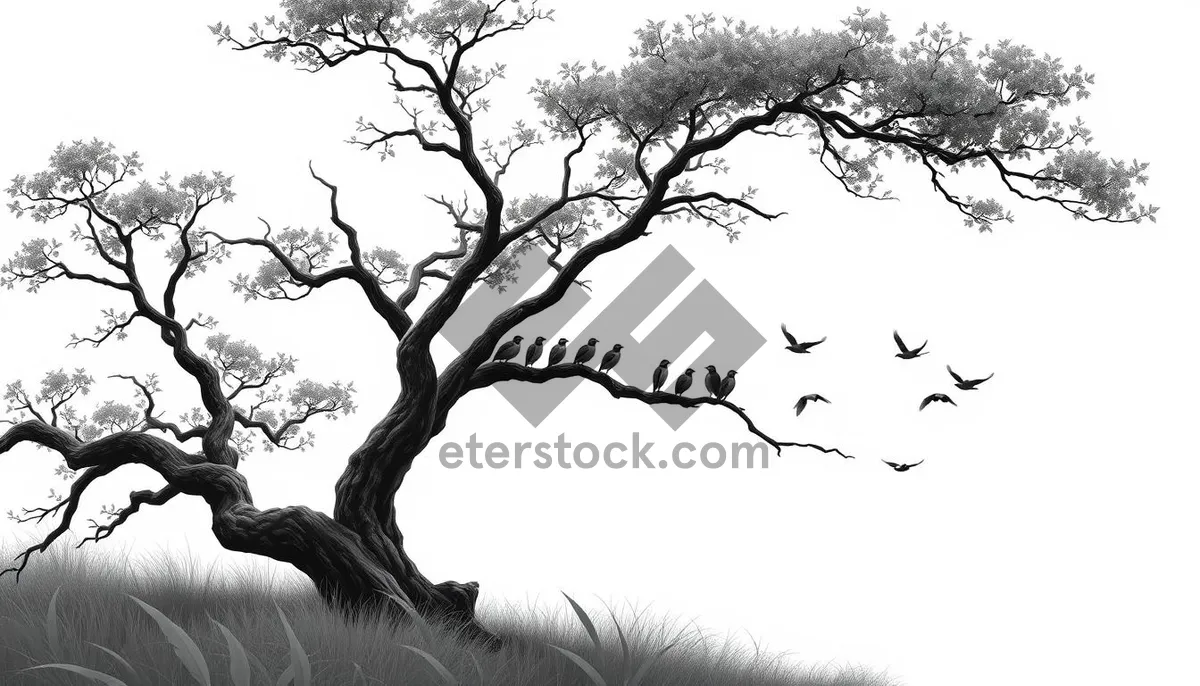 Picture of Silhouette of oak tree branches against sky landscape.