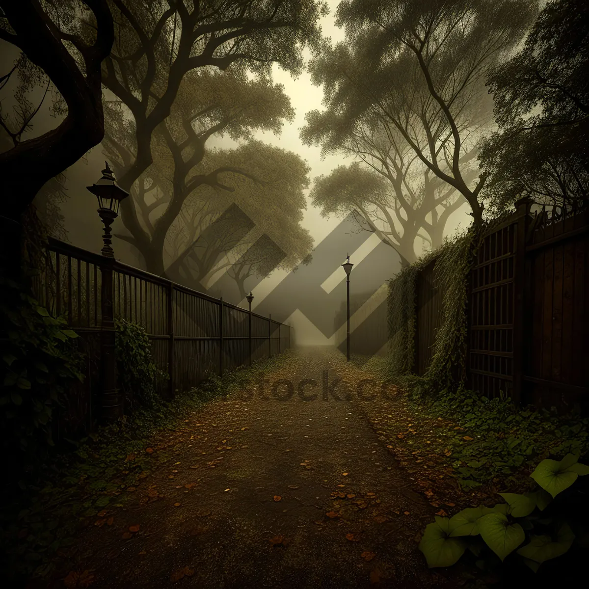 Picture of Autumn Path through Forest: Nature's Barrier of Trees and Fences
