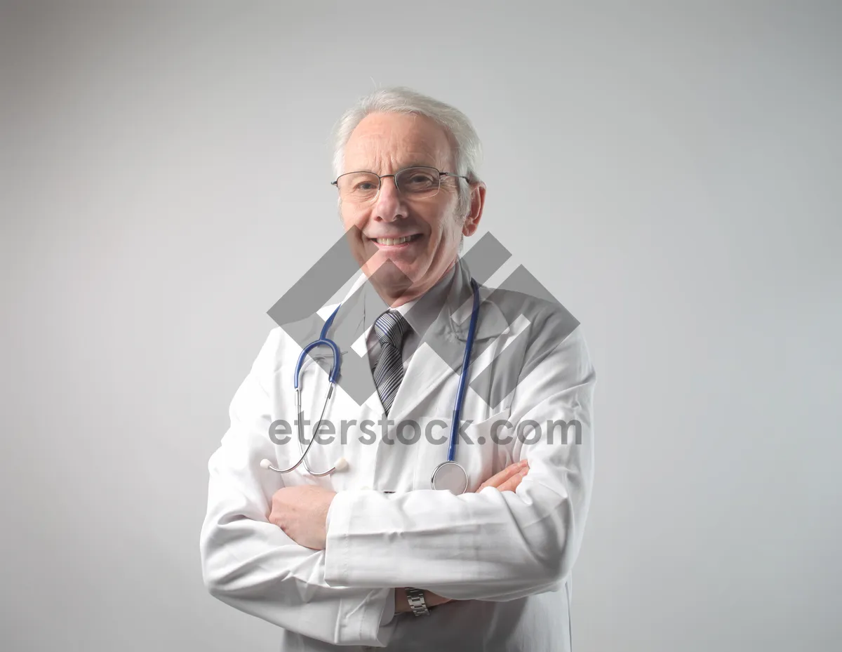 Picture of Confident elderly male doctor in medical uniform portrait.