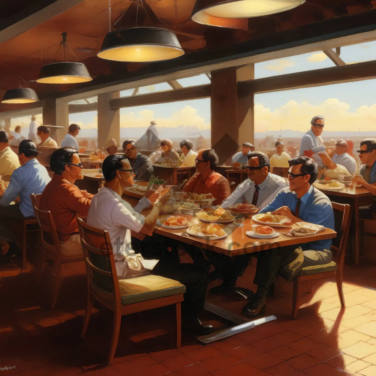 Picture of Man waiter serving table in restaurant interior