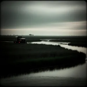 Dusk Reflection on Car Mirror over Beach Horizon