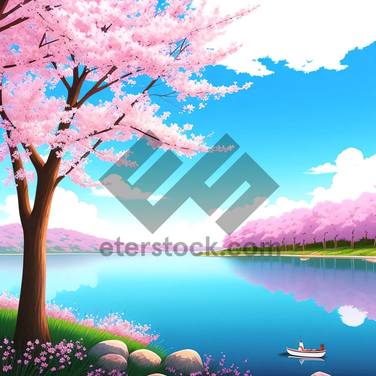 Picture of Lush Spring Landscape With Pink Oak Tree Under Cloudy Sky