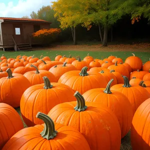 Festive fall pumpkin decoration with colorful squashes