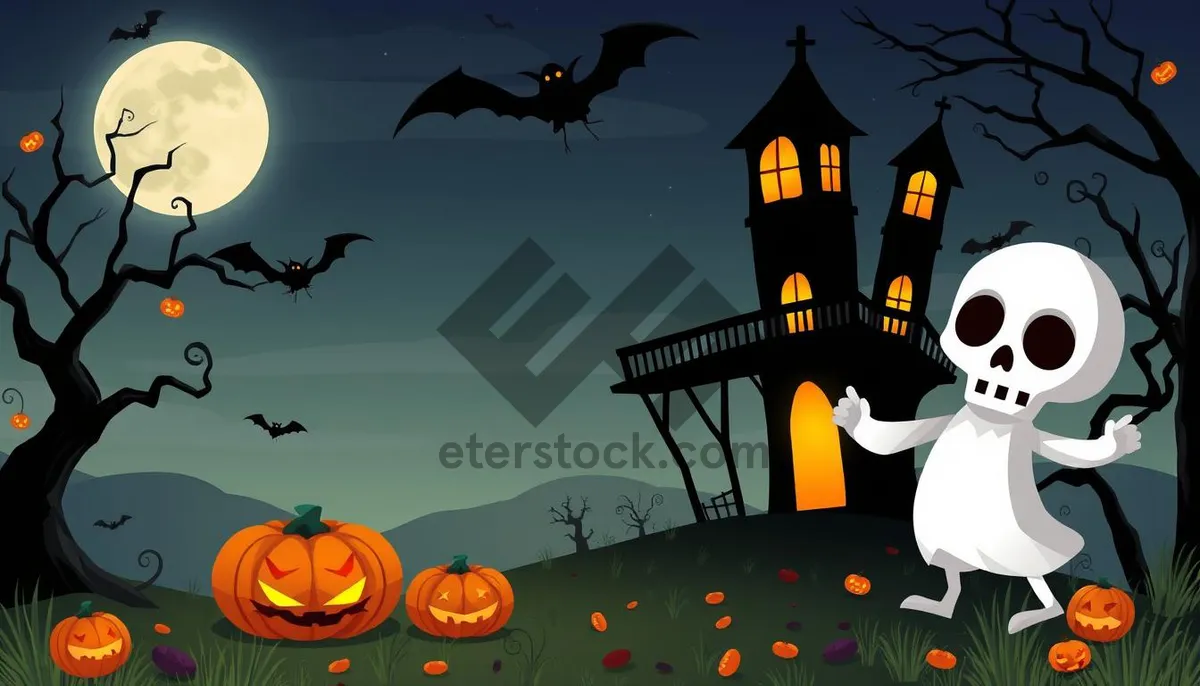 Picture of Dark Halloween Night in Spooky Cemetery Landscape Illustration