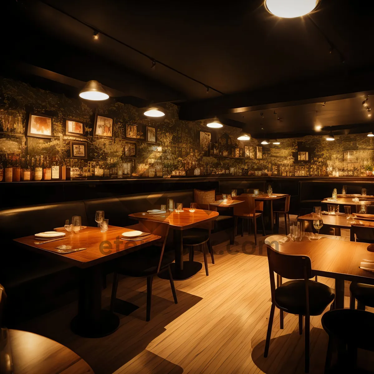 Picture of Modern restaurant interior design with wooden furniture.